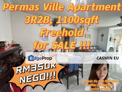 Permas Ville Apartment   ❄ (Block A) ❄ Built Up 1100sqft  ❄ 3R2B - Orignial Renovated  @ RM350k NEGO!!, Johor, Permas Jaya/Senibong