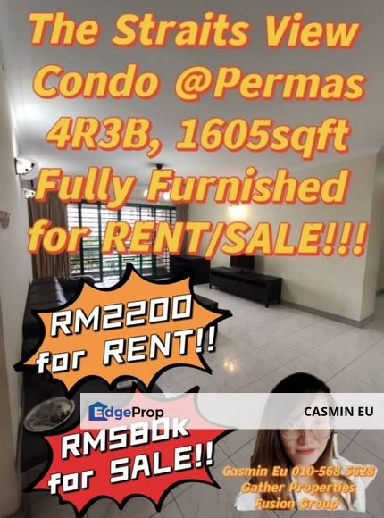 For RENT/ SALE  The Straits View Condominium at Permas Jaya -4 bedroom 3 bathroom -Fully furnished  -1605 sqft @Rent RM 2200 @Sale RM 580k  , Johor, Permas Jaya/Senibong