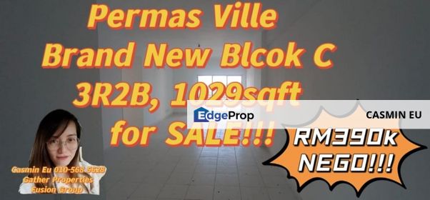 For SALE   Permas Ville at Permas Jaya Brand new Block C -3 bedroom 2 bathroom -1029 sqft -Mid floor @RM390k NEGO!! , Johor, Permas Jaya/Senibong