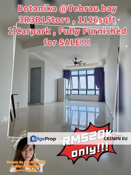 For SALE   Botanika at Tebrau Bay -1126 sqft -High floor - 3 bedroom 3 bathroom 1 storeroom  -2 car park  -Partial furnished @ RM 520k , Johor, Johor Bahru