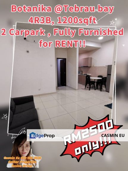 For RENT   Botanika at Tebrau Bay, Bayu Puteri -4 bedroom 3 bathroom -1200 sqft -Mid floor -2 car park -Fully furnished  @RM 2500 Any race , Johor, Johor Bahru