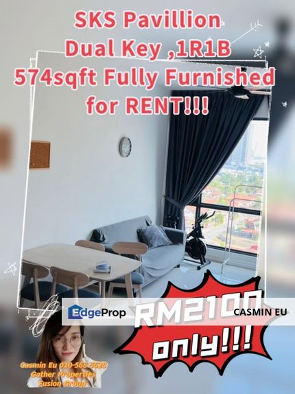 For RENT   SKS Pavillion at JB town Walking 11 min to CIQ Dual key -1 bedroom 1 bathroom -574sqf -Fully furnish -Mid floor  @RM 2100 , Johor, Johor Bahru