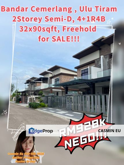 Bandar Cemerlang @Ulu Tiram 2 Storey Semi-D 4+1Bedrooms 4Bathrooms - Built Up 2880sqft Gated & Guarded  -Freehold @RM928k NEGO!! , Johor, Ulu Tiram