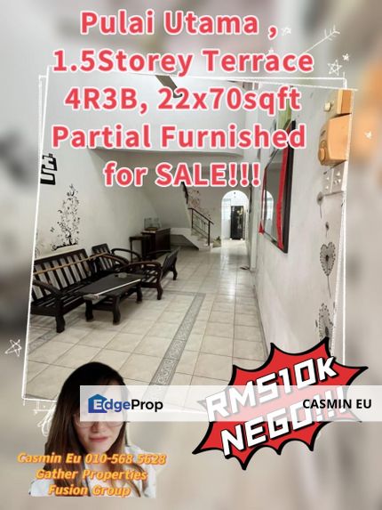 For SALE   1.5 storey terrace at Pulai Utama  -22x 70sqft -4 bedroom 3 bathroom  Partial furnished @RM510k only!! , Johor, Skudai