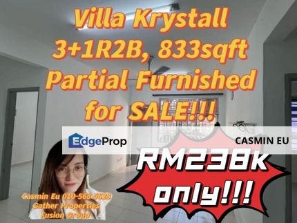 For Sale   Villa Krystal at Selesa Jaya -3+1 bedroom 2 bathroom  -833 sqft -Partial furnished @ Rm238k , Johor, Skudai