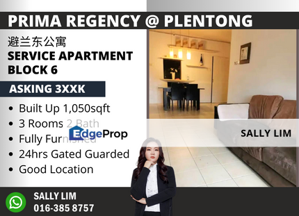 Prima Regency Plentong 3 Rooms Unit with Fully Furnished, Johor, Plentong