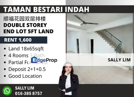 Taman Bestari Indah Double Storey End Lot Partial Furnished For Rent, Johor, Ulu Tiram