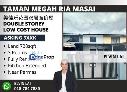 Taman Megah Ria / Double Storey Low Cost House / Fully Renovated / Nearby Permas, Johor, Masai