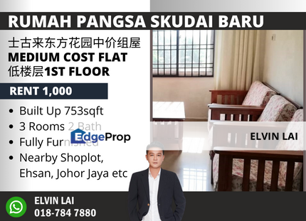 Rumah Pangsa Skudai Baru Flat 1st Floor Fully Furnished For Rent, Johor, Skudai