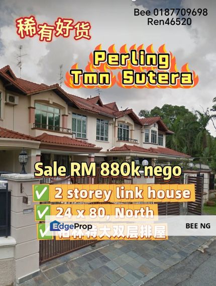 Perling Taman Sutera 2 storey superlink 24x80 below market price , Johor, Johor Bahru