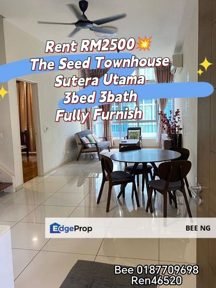 The Seed @ Sutera Utama Townhouse 3bed fully furnished for Rent , Johor, Skudai