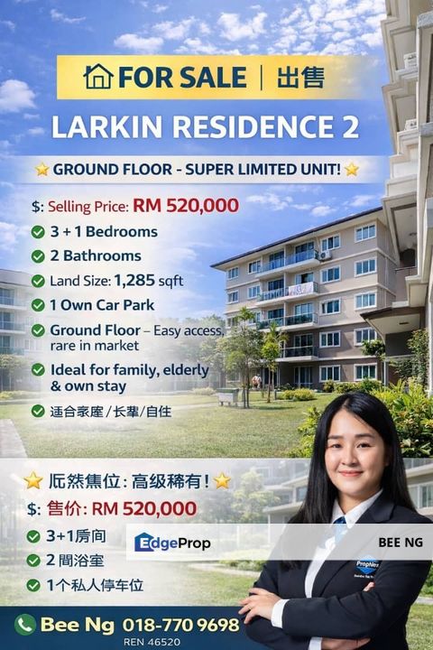 Larkin Residence 2 Ground Floor 3+1bedroom Fully Furnished For Sale , Johor, Johor Bahru
