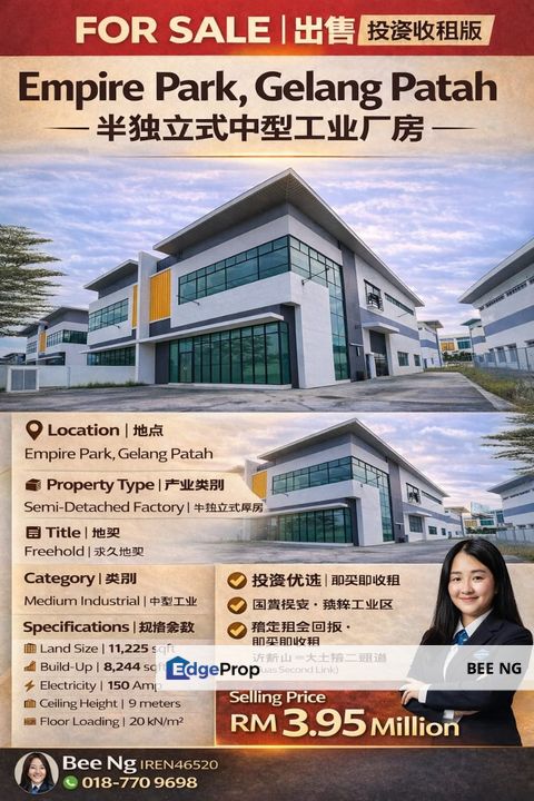 Empire Park Gelang Patah Semi D Medium Industry Factory - Lowest Price, Johor, Gelang Patah