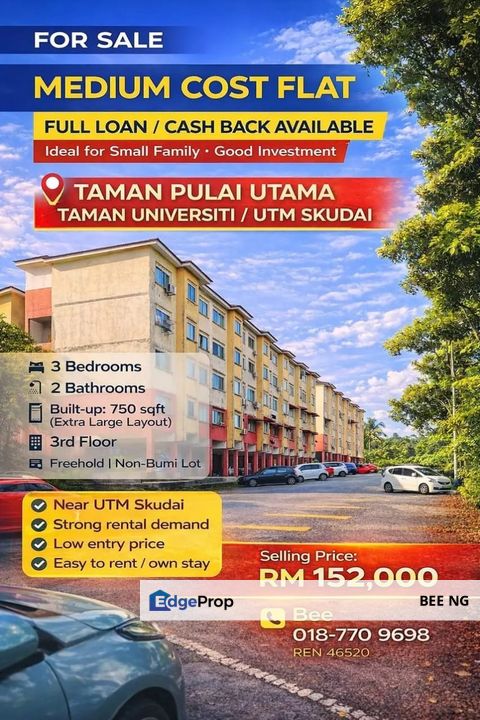 Pulai Utama Medium Cost Flat 750sqft extra large full loan , Johor, Skudai