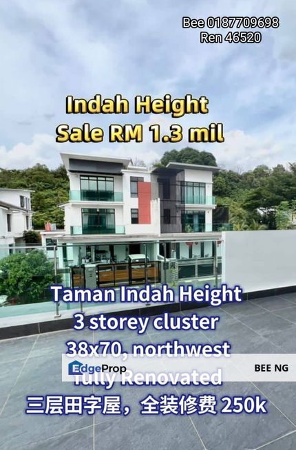 Indah Height Taman Skudai Indah 2 ,3 Storey Cluster 38x70 Fully Renovated,Good Condition , Johor, Skudai