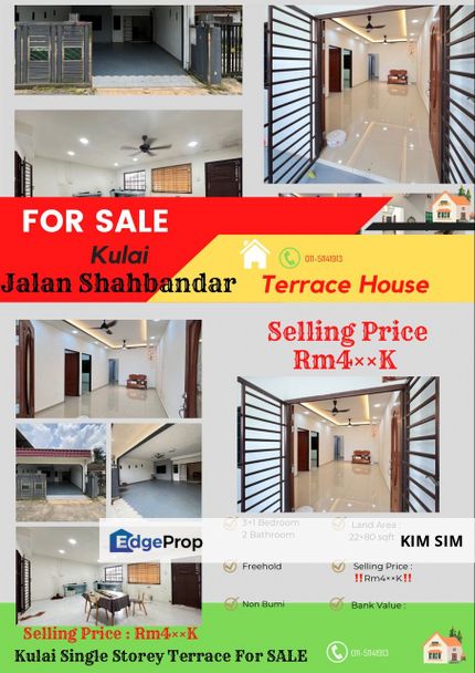 Jalan Shahbandar, Kulai Jaya, Johor Single Storey Terrace House For Sale, Kulai Besar, Bandar Indapura, Bandar Putra Kulai, Bandar Putra Kulai, Johor, Kulai