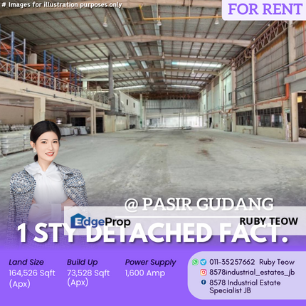 Pasir Gudang - 1 Storey Detached Factory with Office for Rent , Johor, Pasir Gudang