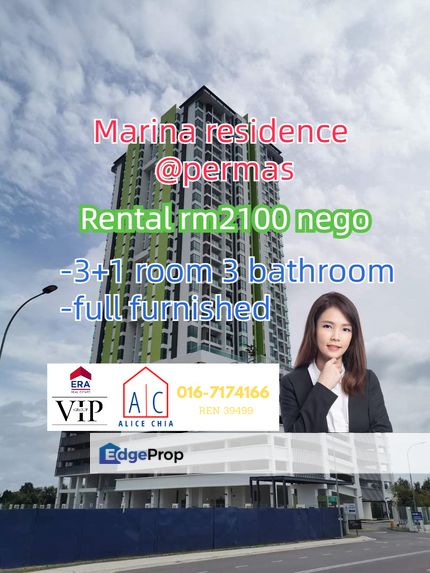 Marina residence bayu puteri permas full furnished 2 car park, Johor, Johor Bahru