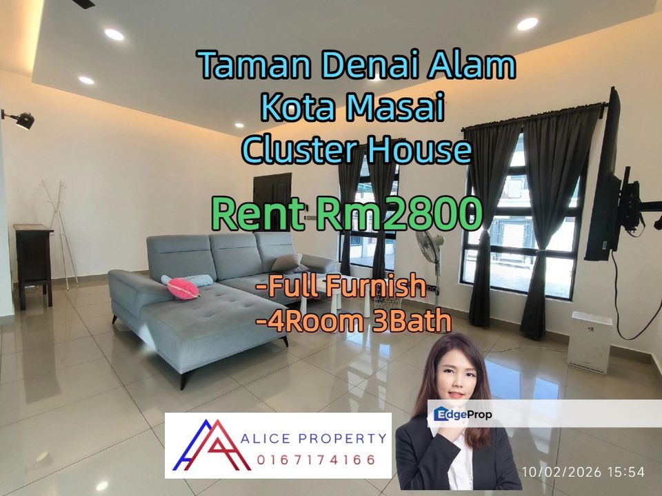 Taman Denai Alam Kota Masai 2storey Cluster House for Rent, Johor, Pasir Gudang