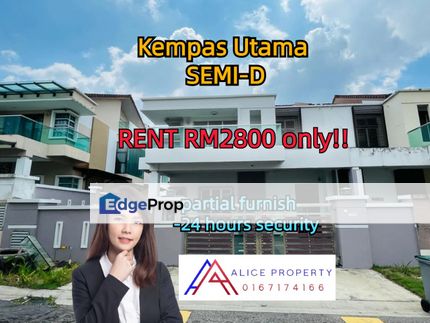 Kempas utama semi d for rent partial furnish 24hours security, Johor, Johor Bahru