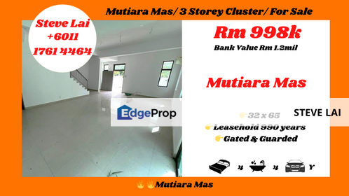 Mutiara Mas/ 3 Storey Cluster/ For Sale, Johor, Skudai