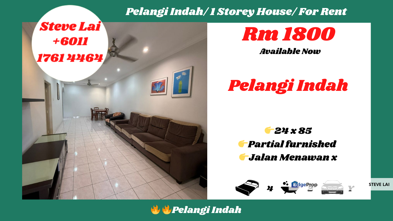 Pelangi Indah/ 1 Storey House/ For Rent, Johor, Ulu Tiram