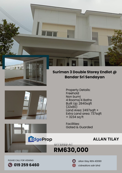 Suriman 3 Double Storey Endlot @ Bandar Sri Sendayan, Negeri Sembilan, Seremban