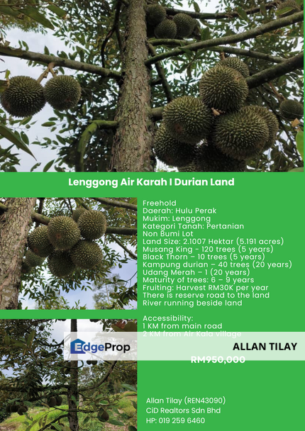 Lenggong Air Karah I Durian Land, Perak, Hulu Perak