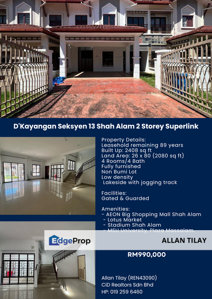 D'Kayangan Seksyen 13 Shah Alam 2 Storey Superlink, Selangor, Shah Alam