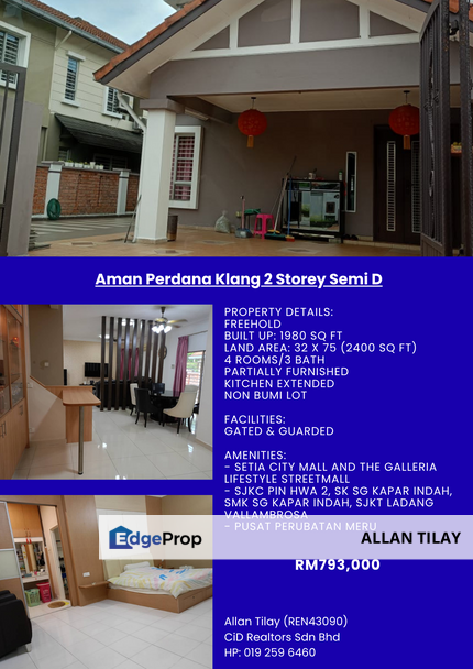 Aman Perdana Klang 2 Storey Semi D, Selangor, Klang