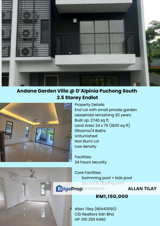 Andana Garden Villa @ D’Alpinia Puchong South 2.5 Storey Endlot, Selangor, Puchong South