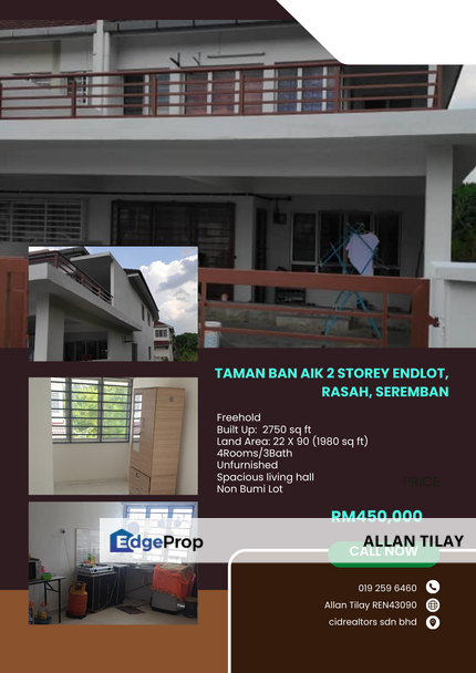 Seremban Rasah Taman Ban Aik 2 Storey Endlot, Negeri Sembilan, Seremban