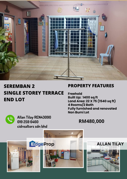 Seremban 2 Garden Homes Single Storey Terrace End Lot, Negeri Sembilan, Seremban