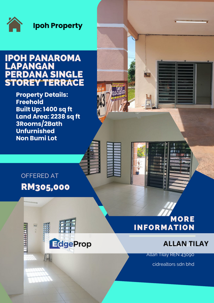 Ipoh Panaroma Lapangan Perdana Single Storey Terrace, Perak, Ipoh