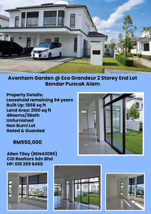 Bandar Puncak Alam Avenham Garden @ Eco Grandeur 2 Storey End Lot for ...