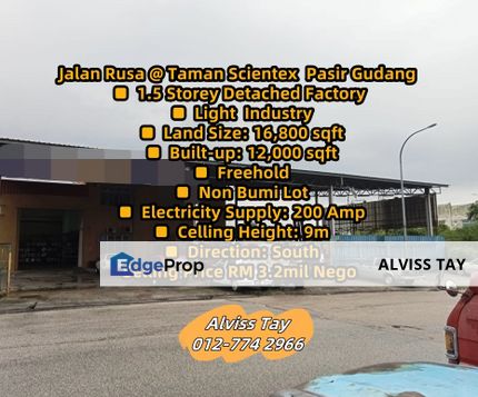  一层半 独立式 轻工业厂房出售 / Jalan Rusa @ Taman Scientex Pasir Gudang /   Light Industry, Johor, Kulai