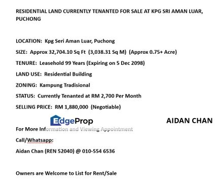 RESIDENTIAL LAND CURRENTLY TENANTED FOR SALE AT KPG SRI AMAN LUAR, PUCHONG, Selangor, Puchong