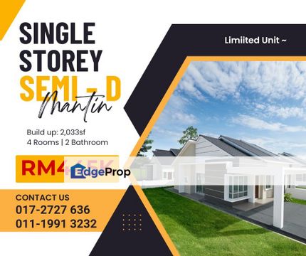 Single Storey Semi D facing open space , Negeri Sembilan, Mantin