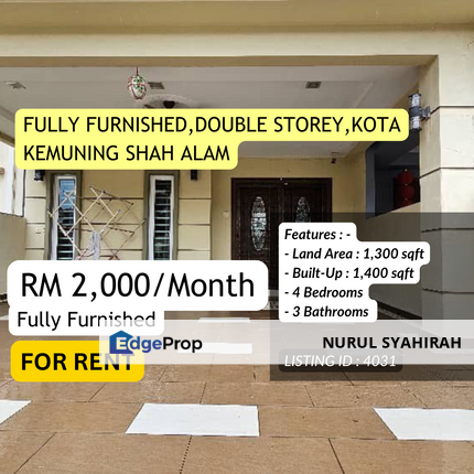 FULLY FURNISHED,DOUBLE STOREY,KOTA KEMUNING SHAH ALAM, Selangor, Kota Kemuning