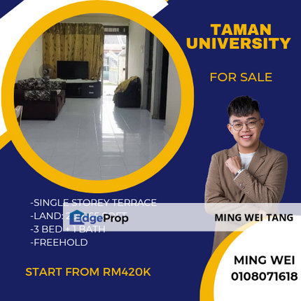 Taman Universiti Single Storey Terrace 3 Bedrooms 1 Bathrooms for Sale , Johor, Skudai