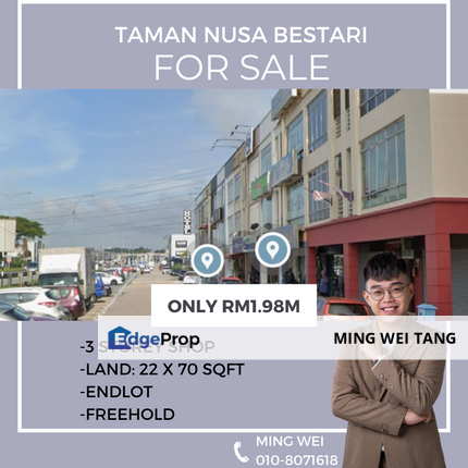 Taman Nusa Bestari 3 Storey Shop End Lot for Sale , Johor, 