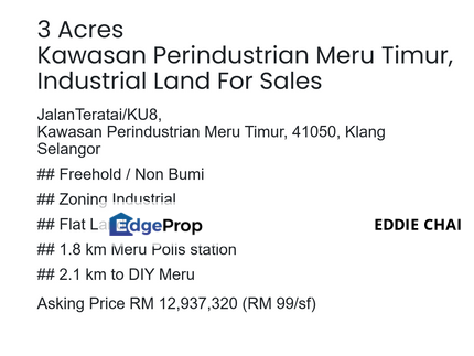 3 Acres, Kawasan Perindustrian Meru Timur, Industrial Land For Sales, Selangor, Kapar 