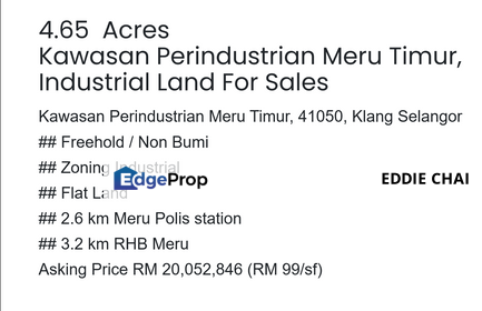 4.65 Acres, Kawasan Perindustrian Meru Timur, Industrial Land For Sales, Selangor, Kapar 