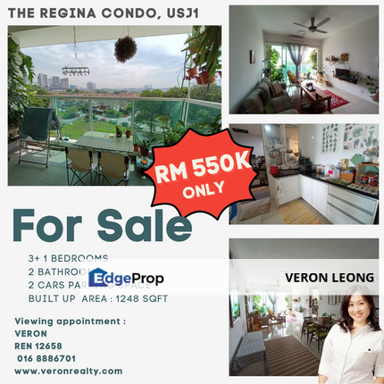 Below bank value 1248sqft usj1 regina residence 3+1r 2b 2car park good condition , Selangor, USJ