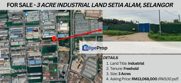 Industrial Land 3 Acres Freehold For Sale, Selangor, Shah Alam