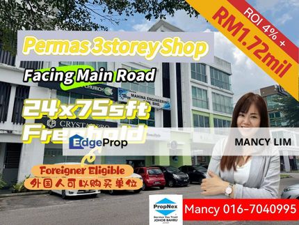 Permas 3 Storey Shoplot Facing Maid Road ROI Up To Four Percents, Johor, Johor Bahru