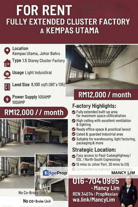 Kempas Utama Semi Detached Light Industrial Factory For Rent, Johor, Johor Bahru