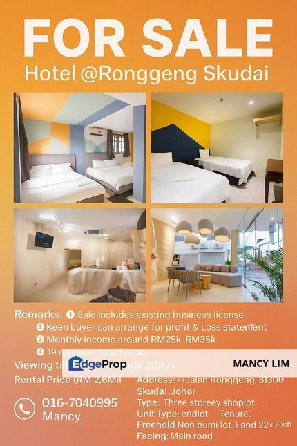 Skudai Ronggeng Three Storey Hotel For Sale , Johor, Skudai