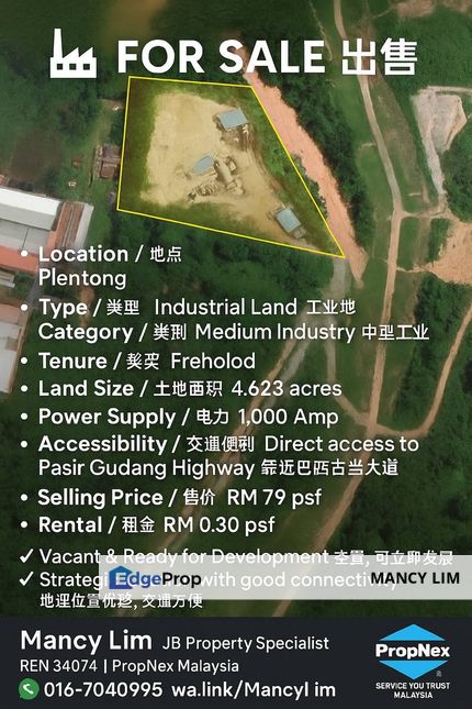 Taman Plentong Freehold Industrial Land For Sale, Johor, Masai