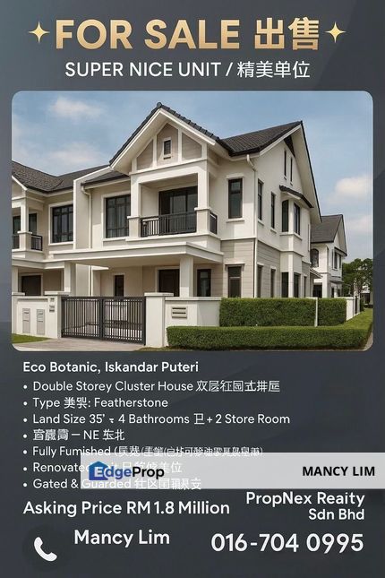 Eco Botanic Feather Stone Double Storey Cluster House with Fully Renovation, Johor, 